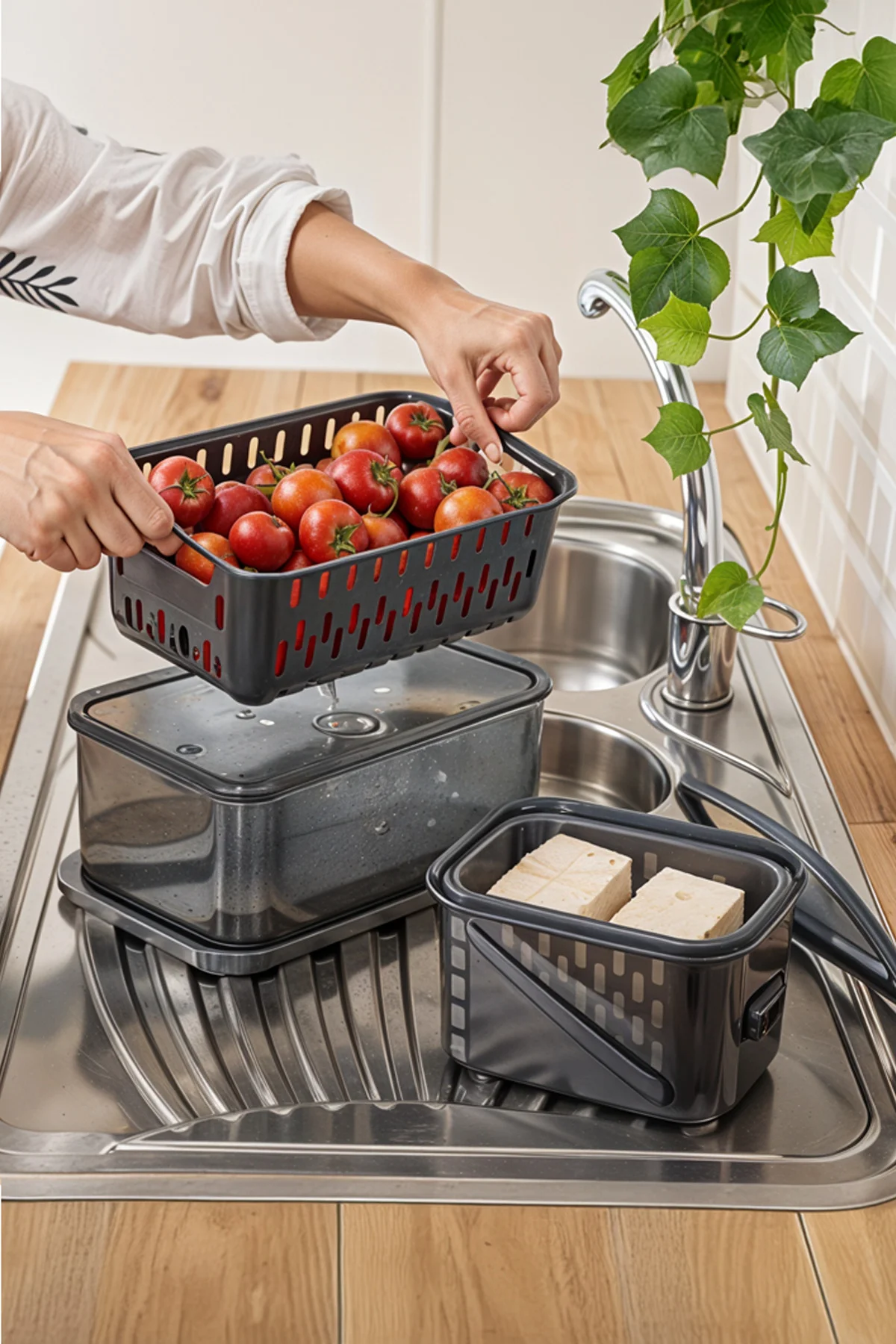 3'lü Set Premium Süzgeçli Antrasit Saklama Kabı, 3,5lt Hacim, 23x