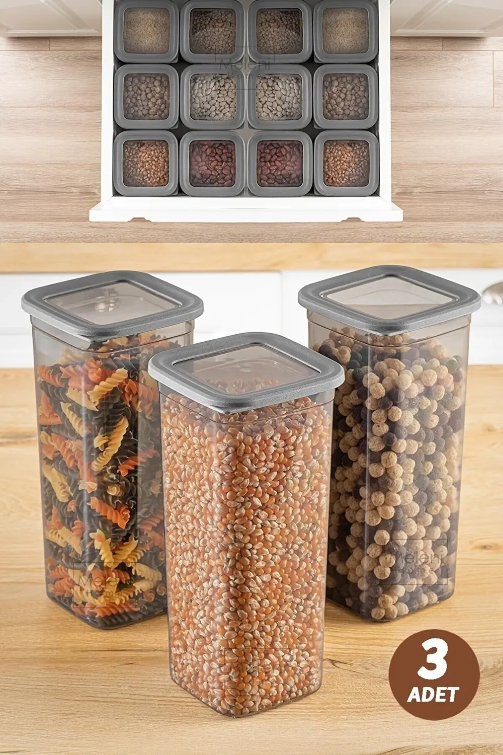 3'lü Set Sızdırmaz Kapaklı Kare Erzak Saklama Kabı 3x1900 Ml Antr