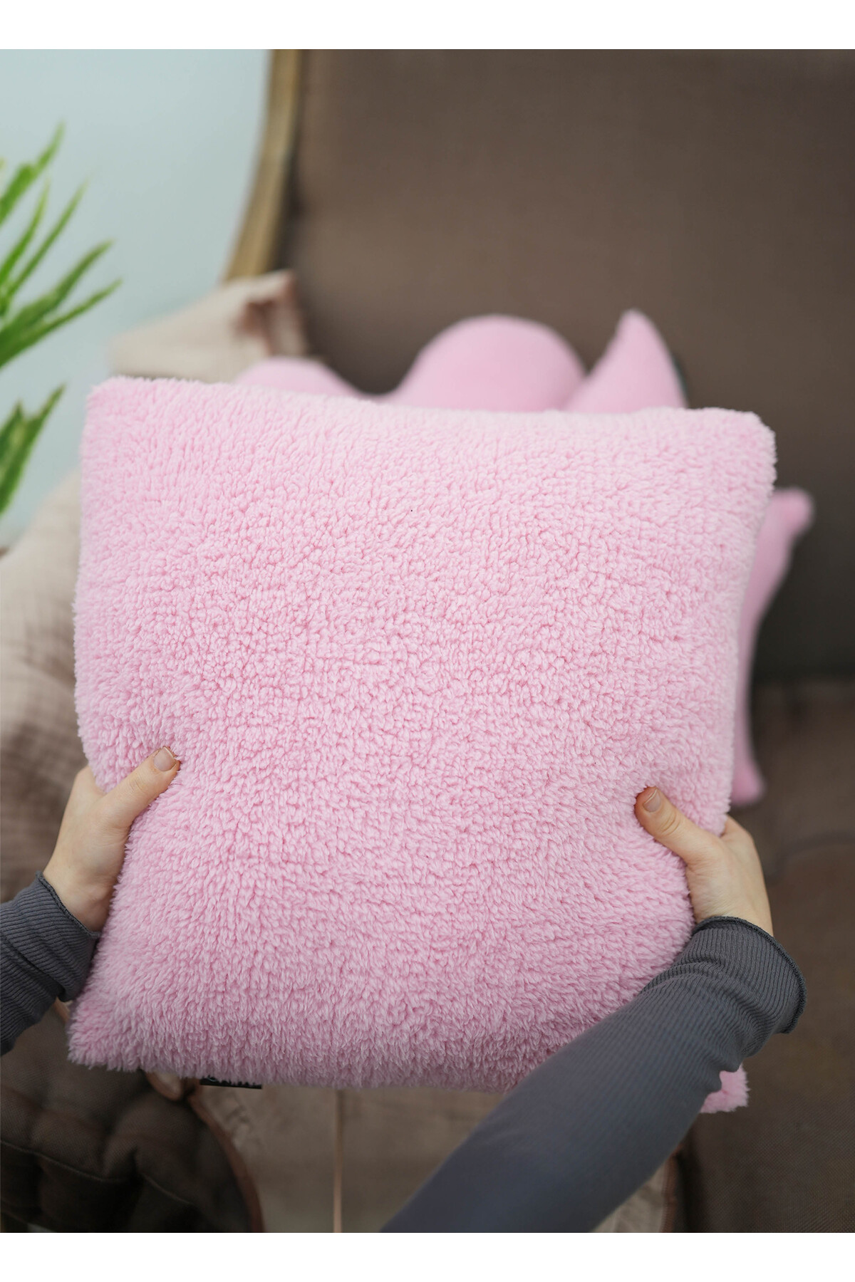 Mordesign 3'Lü Set, Teddy Kumaş Yumuşak Dokulu Dekoratif Yastık, Dolgulu He