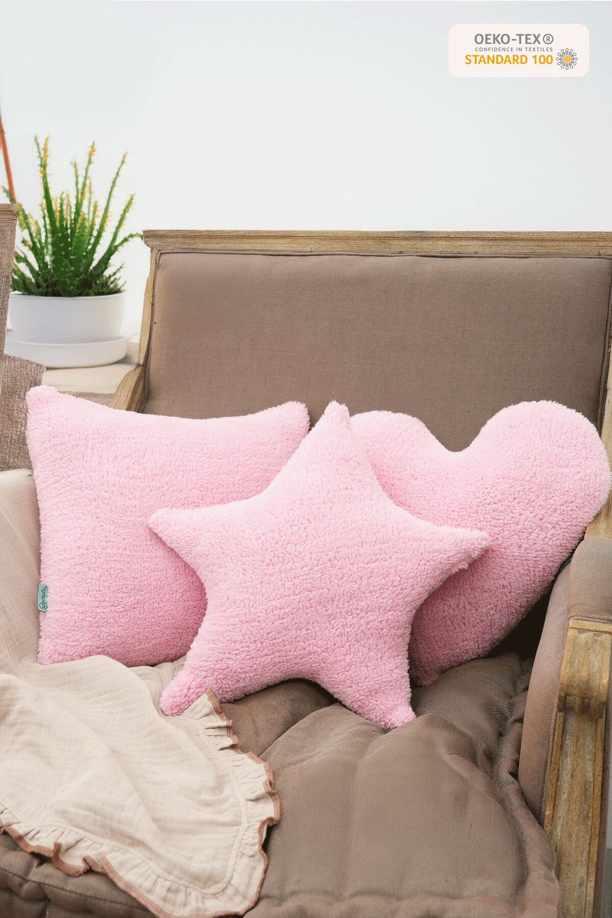 Mordesign 3'Lü Set, Teddy Kumaş Yumuşak Dokulu Dekoratif Yastık, Dolgulu He