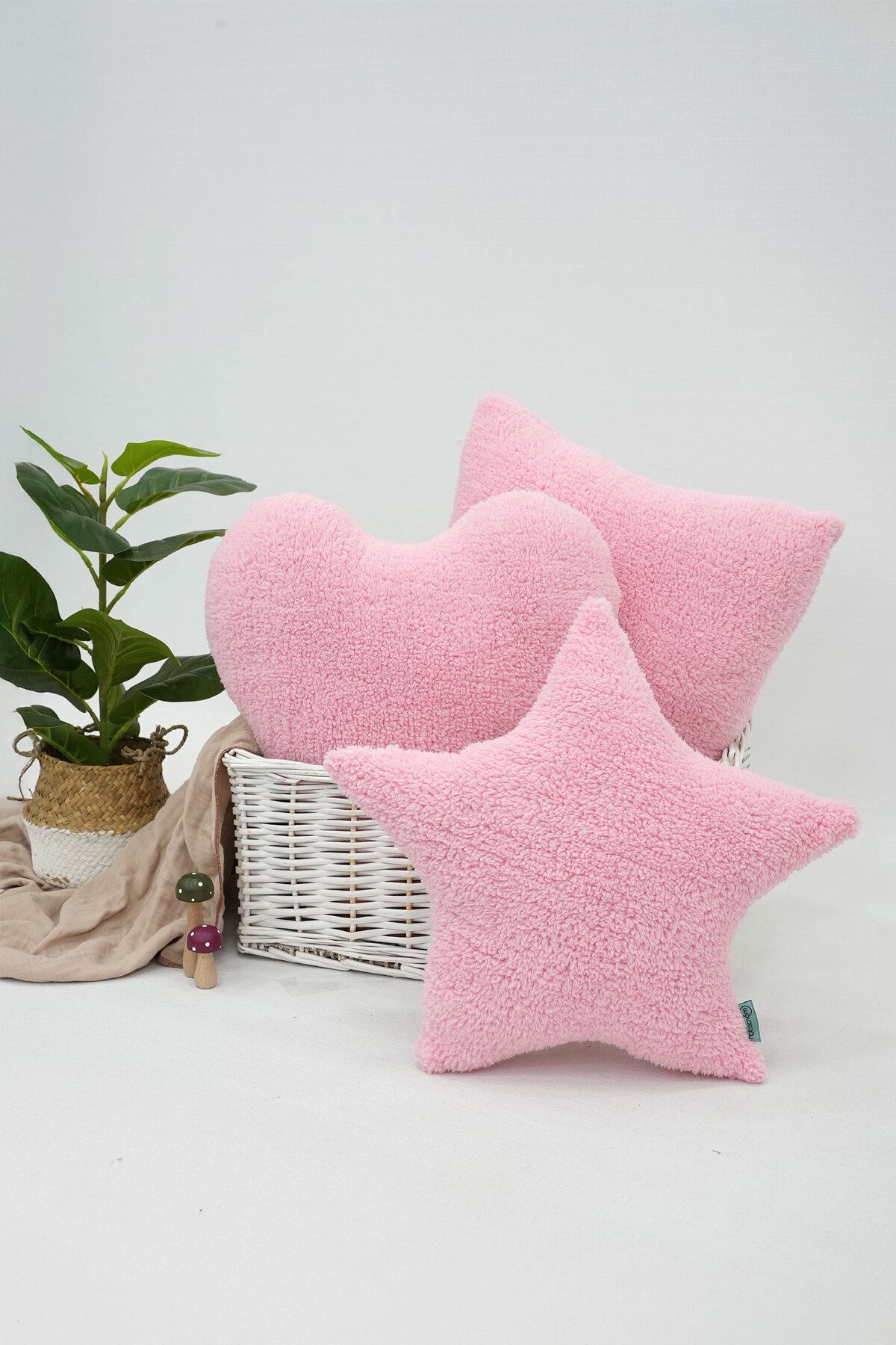 Mordesign 3'Lü Set, Teddy Kumaş Yumuşak Dokulu Dekoratif Yastık, Dolgulu He