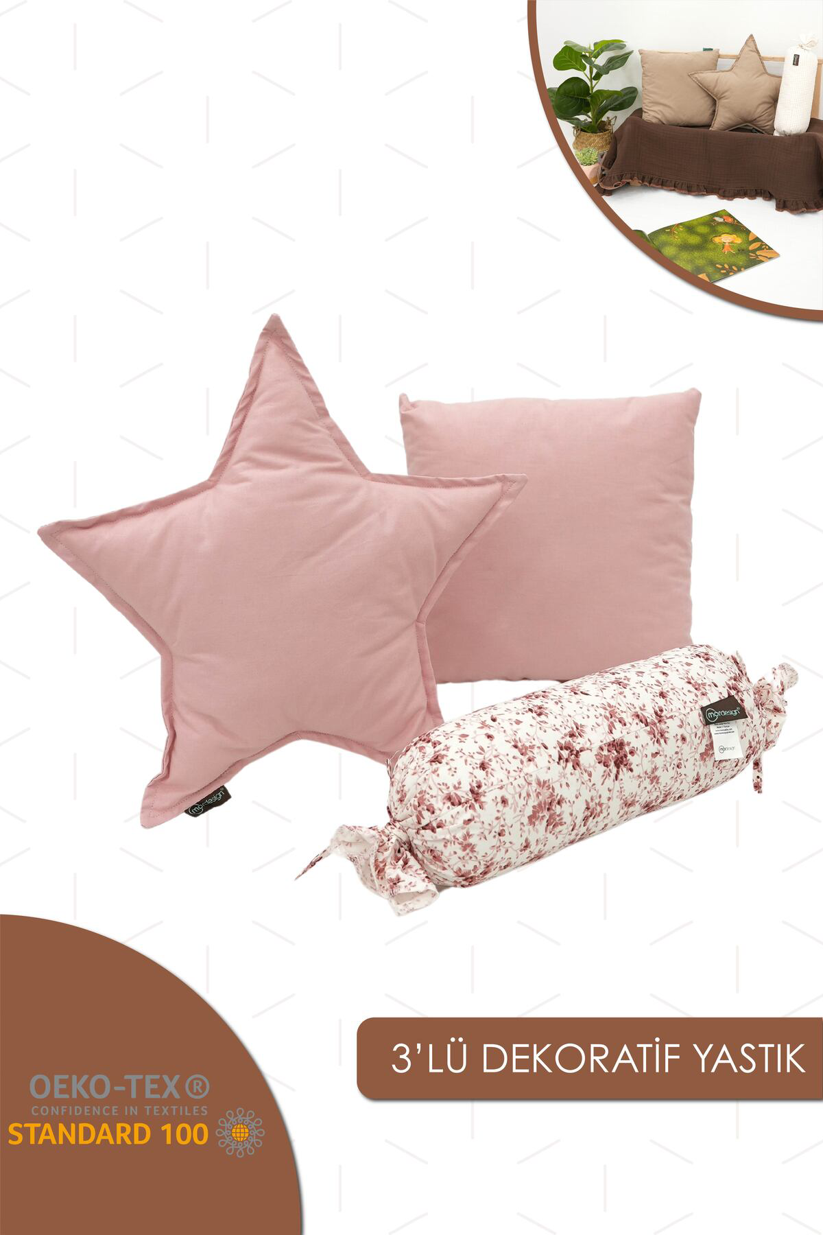 Mordesign 3'Lü Set Yildiz Şeker Kare Yastik, Dekoratif Yastik