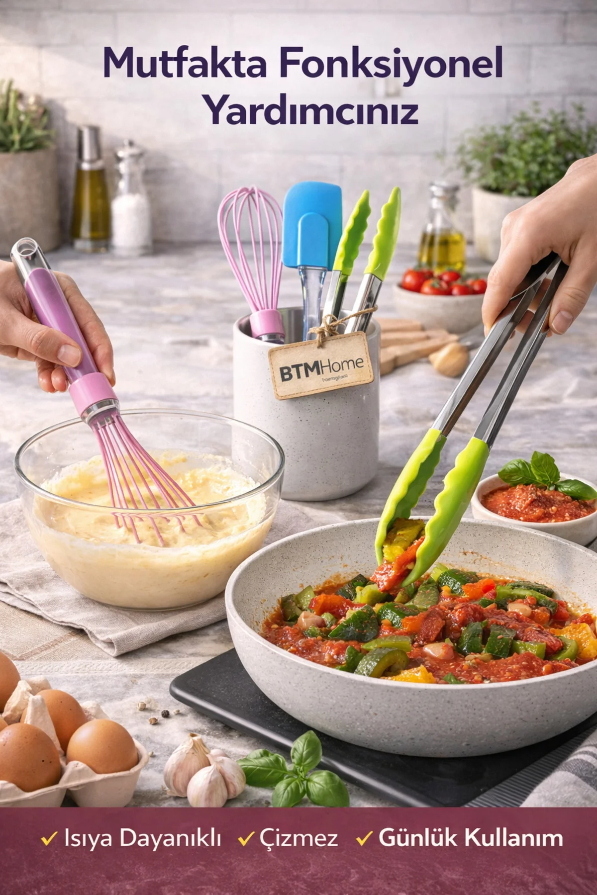 3’lü Silikon Mutfak Gereç Seti Maşa Spatula Çırpıcı Isıya Dayanıklı