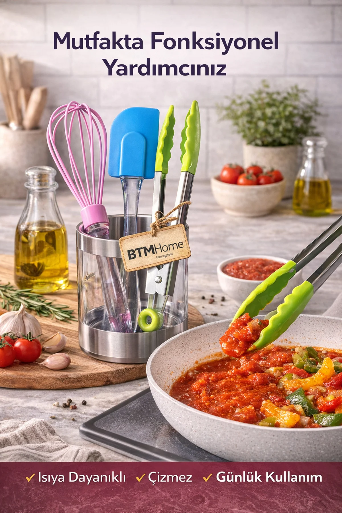 3’lü Silikon Mutfak Gereç Seti Maşa Spatula Çırpıcı Isıya Dayanıklı