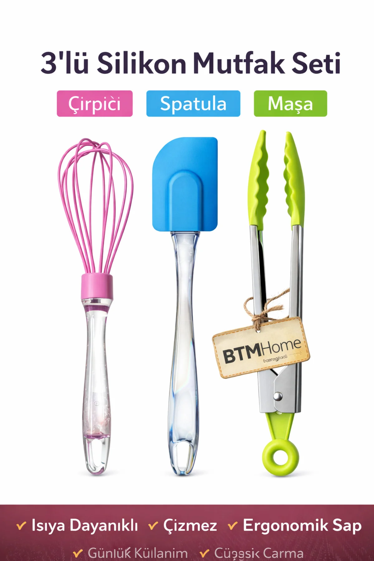 3’lü Silikon Mutfak Gereç Seti Maşa Spatula Çırpıcı Isıya Dayanıklı
