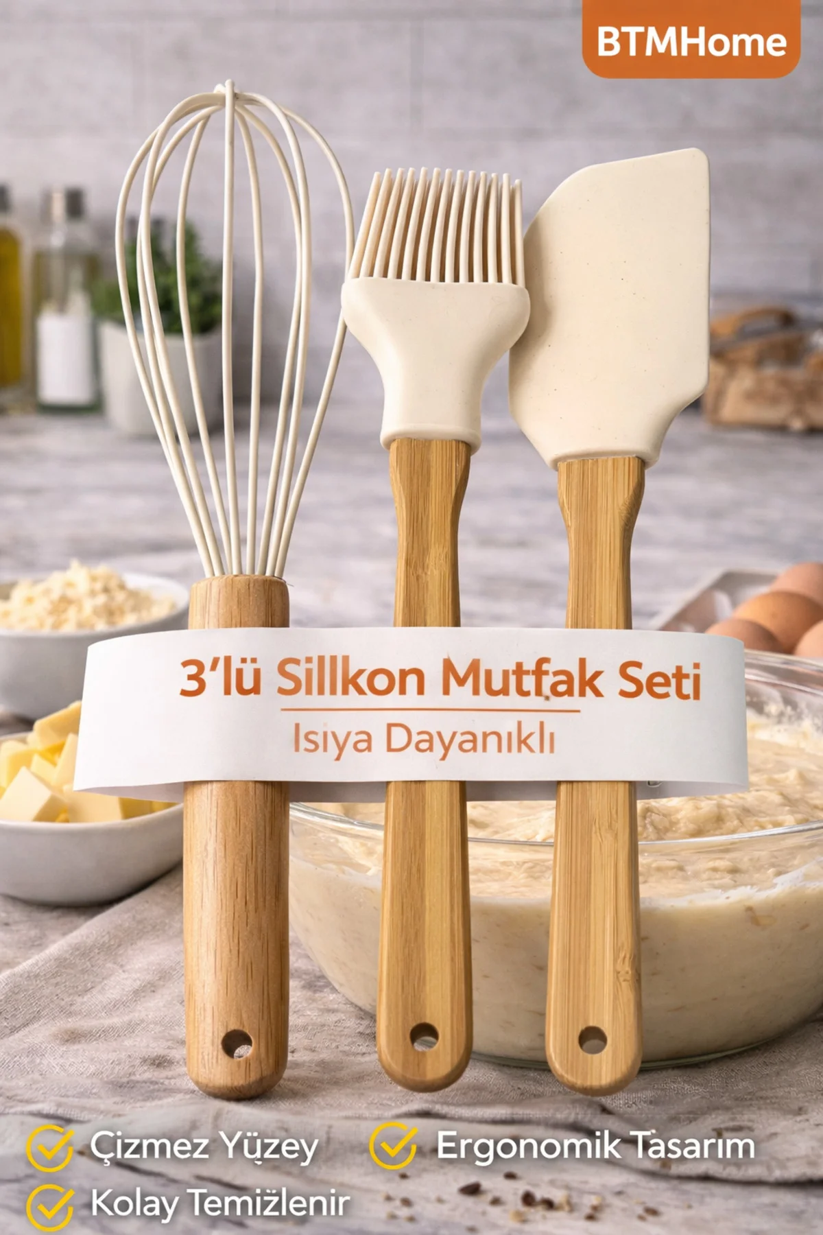 3’lü Silikon Mutfak Seti Çırpıcı Spatula Fırça Isıya Dayanıklı Bambu Saplı 3’lü Silikon Mutfak Seti Çırpıcı Spatula Fırça Isıya Dayanıklı Bambu Saplı