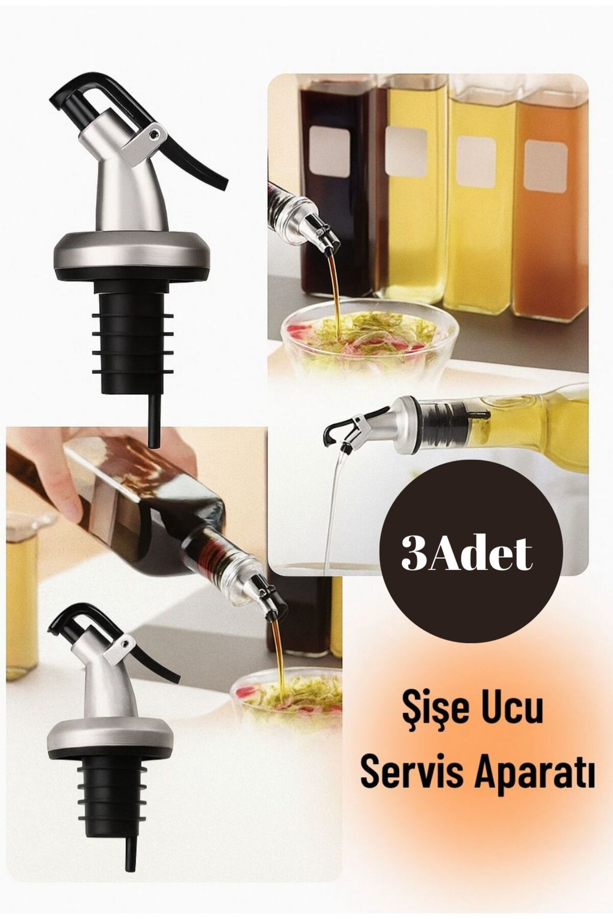 🟠 3'lü Şişe Ucu Servis Aparatı Seti – Yağlık ve Sosluk Akıtıcı K