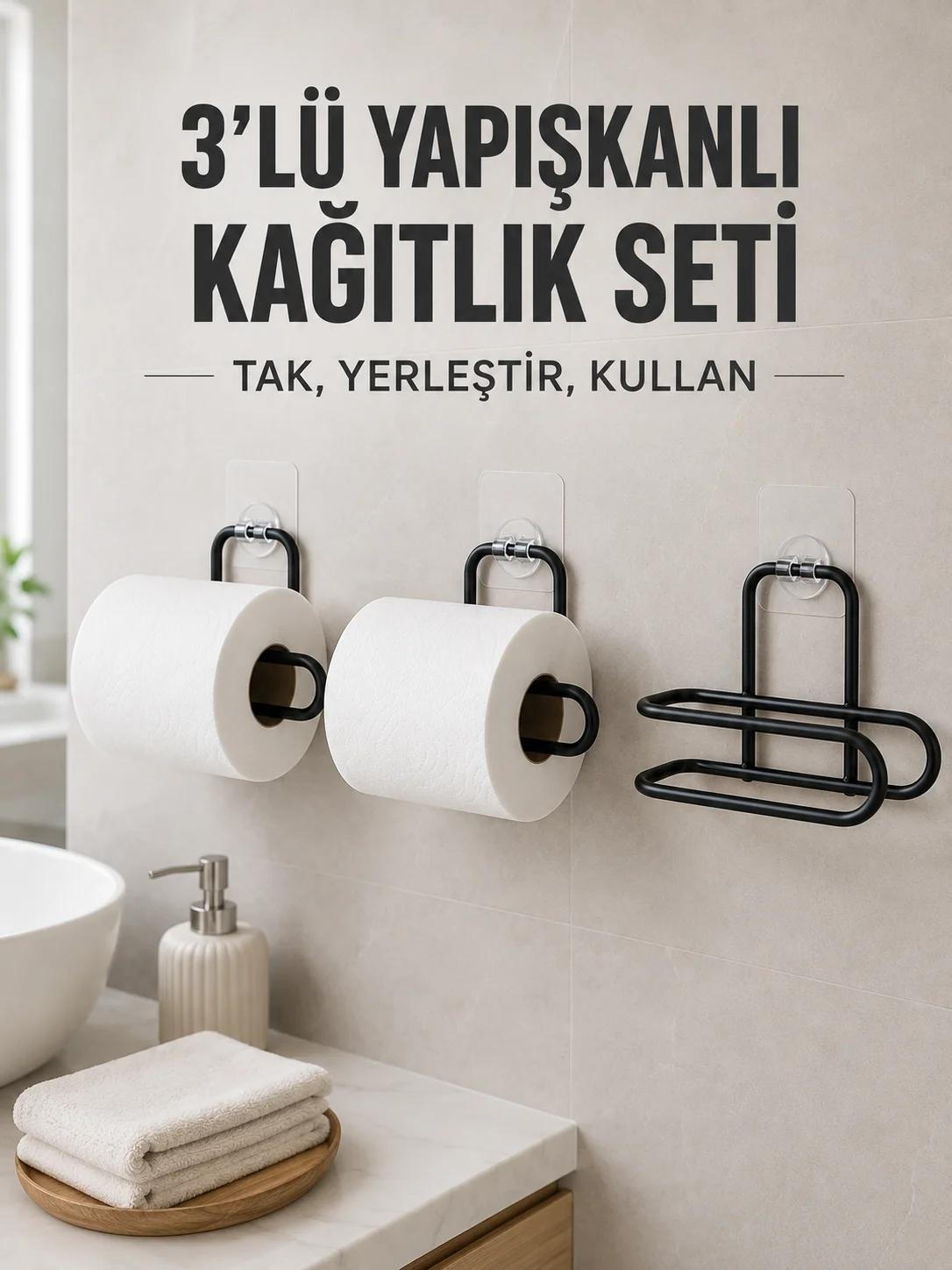 3’lü Siyah Duvar Tipi Kağıtlık Seti Yapışkanlı Pratik Rulo Tutucu Fiyatı, Yorumları ve Özellikleri