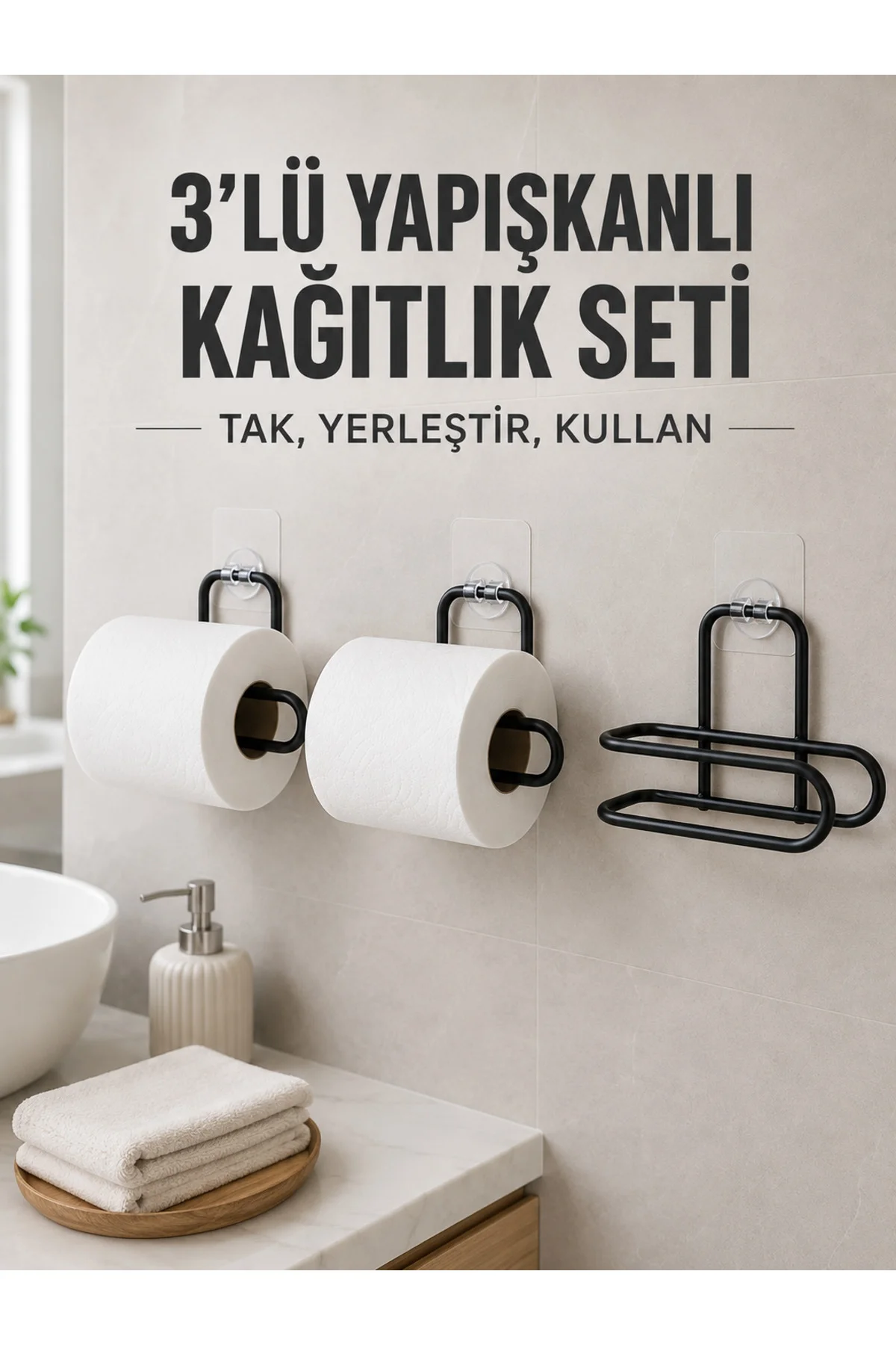 3’lü Siyah Duvar Tipi Kağıtlık Seti Yapışkanlı Pratik Rulo Tutucu 3’lü Siyah Duvar Tipi Kağıtlık Seti Yapışkanlı Pratik Rulo Tutucu