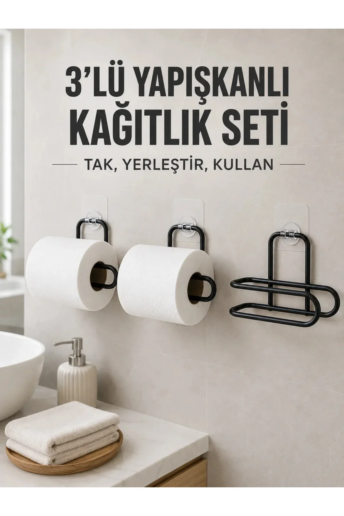 3’lü Siyah Duvar Tipi Kağıtlık Seti Yapışkanlı Pratik Rulo Tutucu 3’lü Siyah Duvar Tipi Kağıtlık Seti Yapışkanlı Pratik Rulo Tutucu