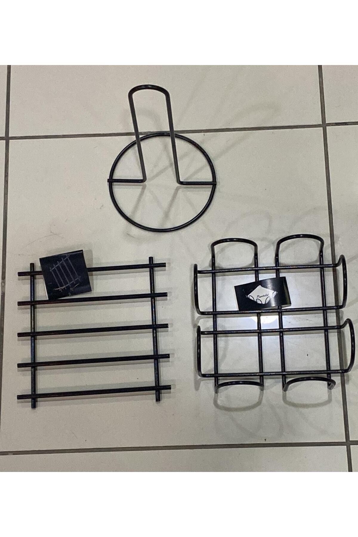 3'lü Siyah Nihale Peçetelik Havluluk Seti Black Rengi Paslanmaz Ç