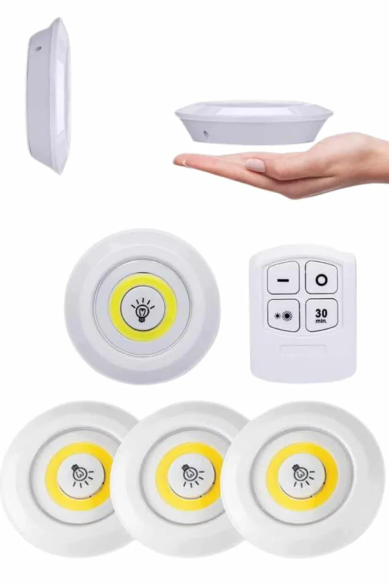 3'lü Spot Led Işık Lamba - Yapışkanlı, Uzaktan Kumandalı, Montajsız ve Pilli