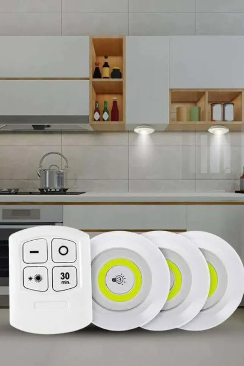 3'lü Spot Led Işık Lamba - Yapışkanlı, Uzaktan Kumandalı, Montajsız ve Pilli