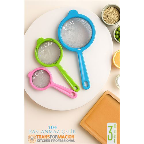 3'lü Süzgeç Seti - Çay Süzgeci - Un Baharat Süzgeci Paslanmaz Çel