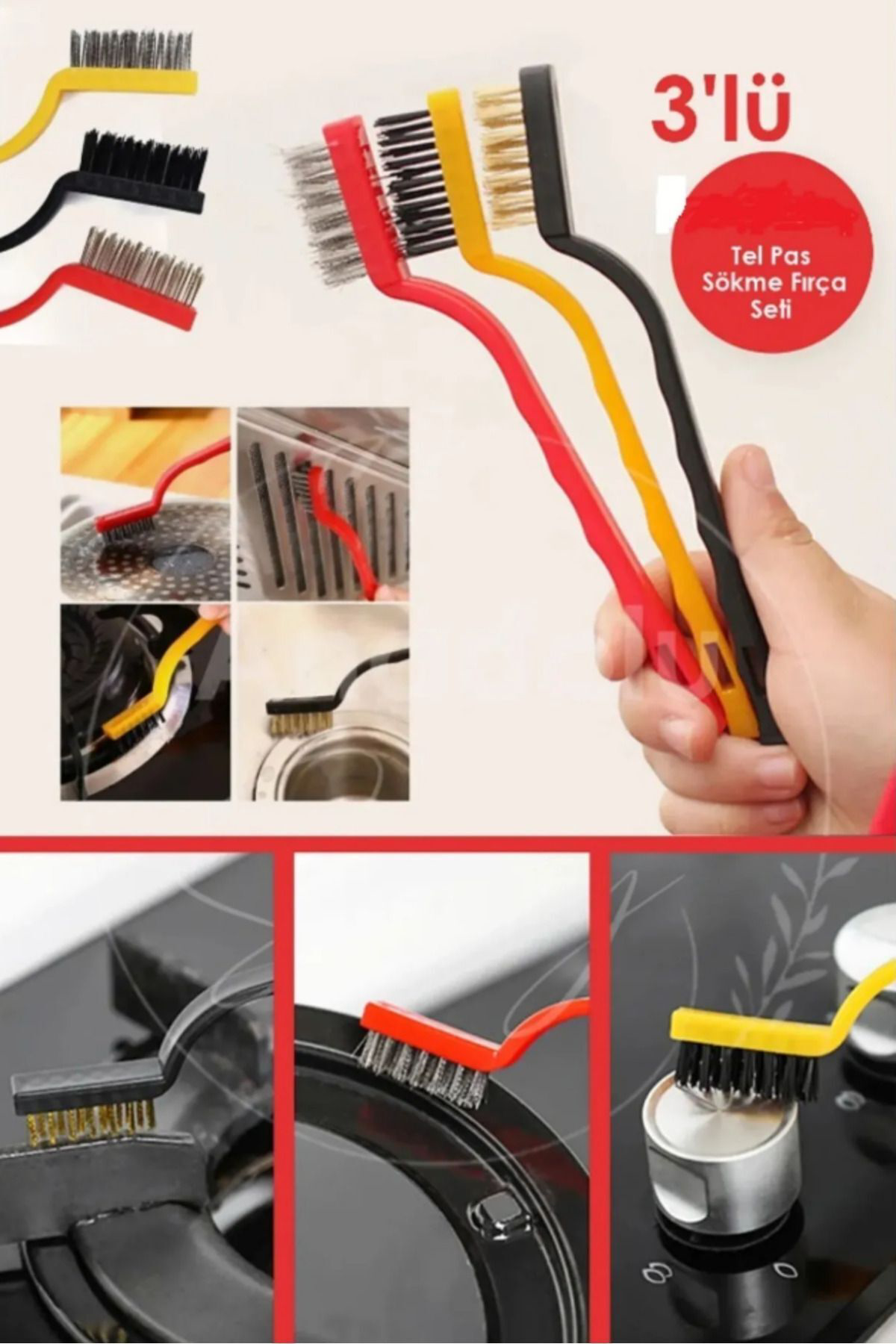 3’lü Tel ve Pas Sökme Fırça Seti – Metal, Naylon ve Pirinç Kıllı 