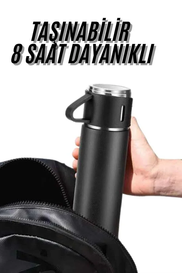 3'lü Termos Seti - Siyah 500ml Paslanmaz Çelik Vakumlu Isı Dayanıklı
