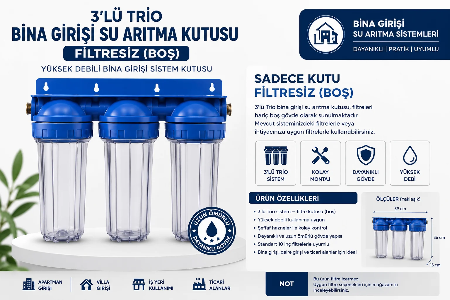 3'lü Trio Bina Girişi Su Arıtma Filtresi Kabı - Filtresiz Boş Gövde, Yüksek Debili Sistem Fiyatı, Yorumları ve Özellikleri