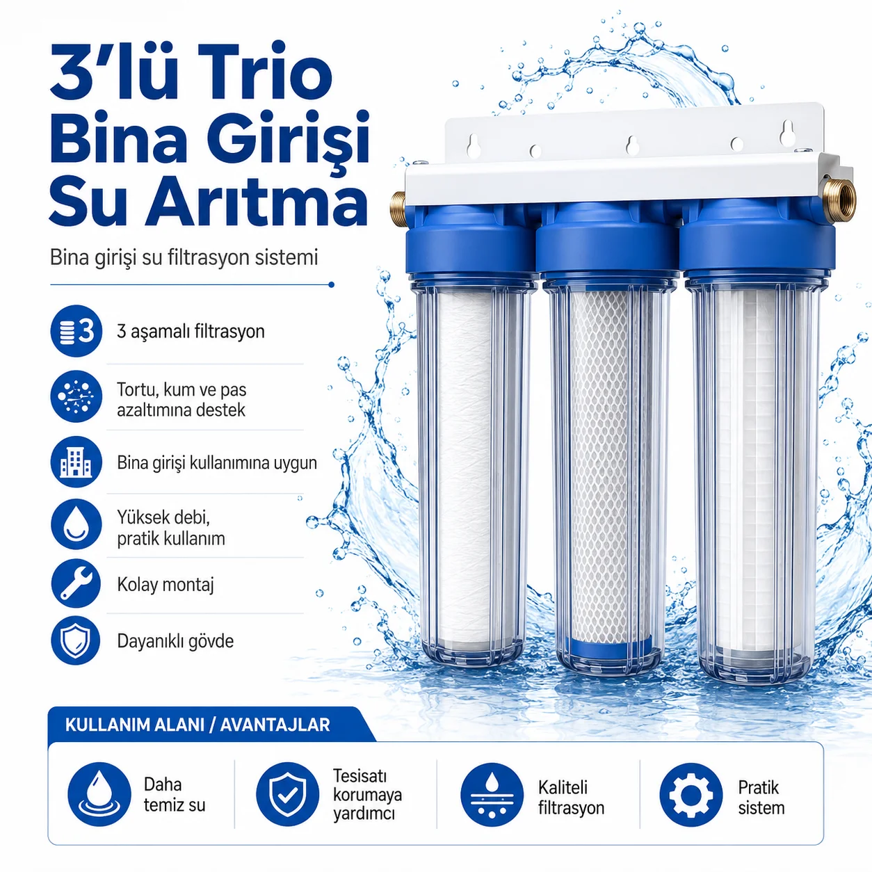 3'lü Trio Premium Bina Girişi Su Arıtma Sistemi - 3 Aşamalı Filtrasyon Fiyatı, Yorumları ve Özellikleri
