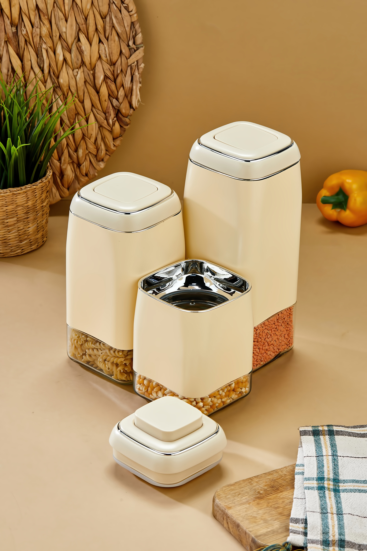 3’lü Tuşlu Vakumlu Kavanoz Seti 1800 ml – 1500 ml – 1300 ml Hava 
