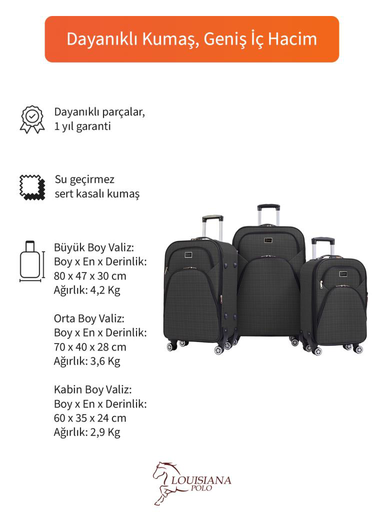 Louisiana Polo 3'Lü Valiz Seti 4 Teker Kumaş Valiz Antrasit 1081 Louisiana Polo 3'Lü Valiz Seti 4 Teker Kumaş Valiz Antrasit 1081