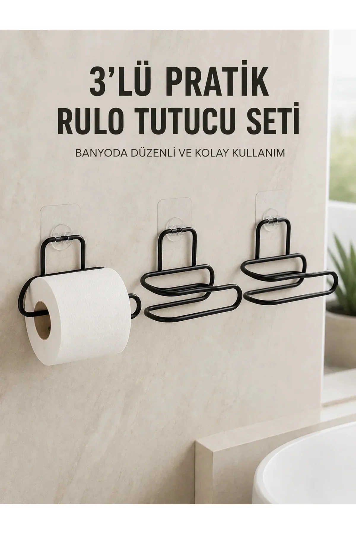 3’lü Yapışkanlı Tuvalet Kağıdı Tutucu Seti Siyah Duvar Tipi Rulo Kağıtlık