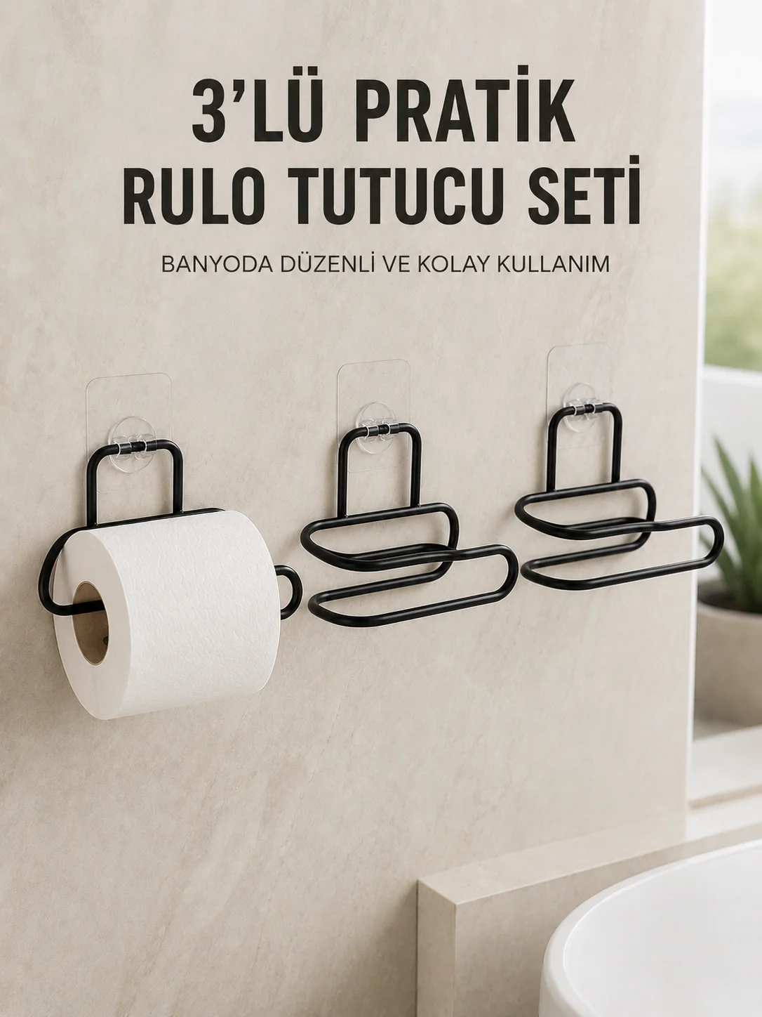 3’lü Yapışkanlı Tuvalet Kağıdı Tutucu Seti Siyah Duvar Tipi Rulo Kağıtlık Fiyatı, Yorumları ve Özellikleri