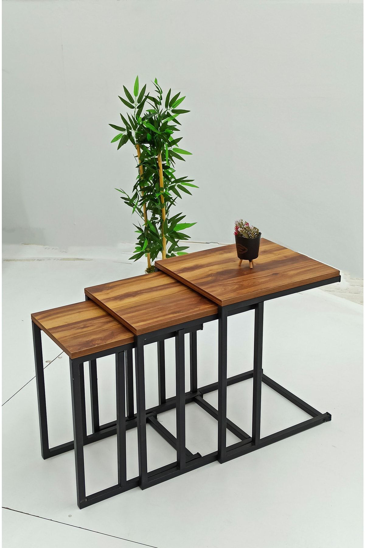 3lü Zigon Sehpa Ceviz Tabla Siyah Ayak Sehpa