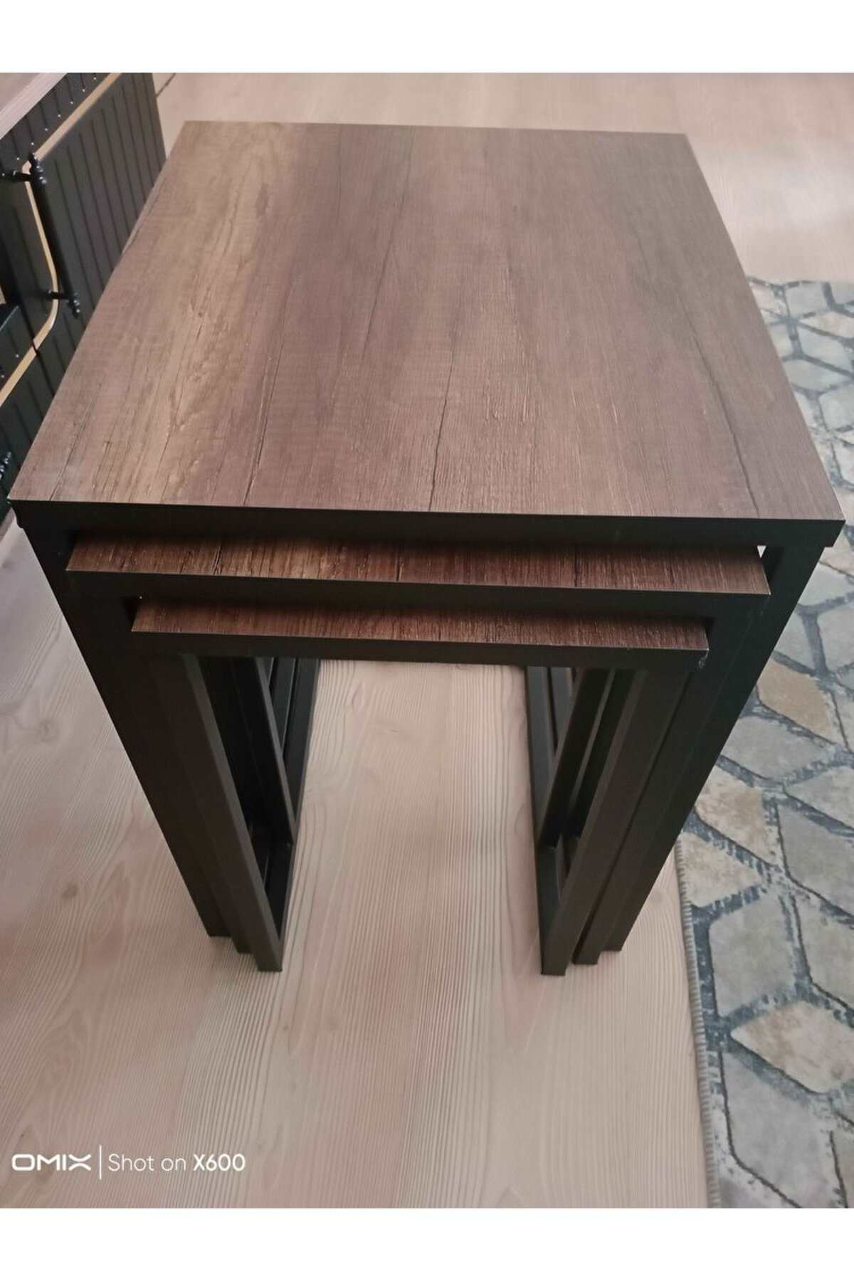 3lü Zigon Sehpa Ceviz Tabla Siyah Ayak Sehpa