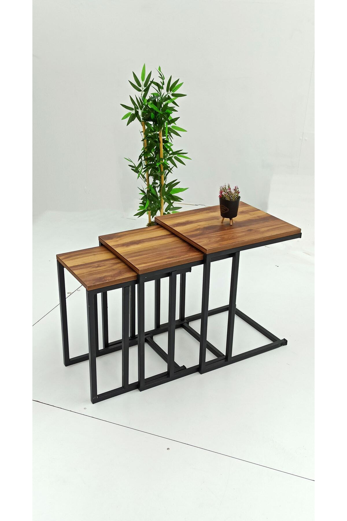 3lü Zigon Sehpa Ceviz Tabla Siyah Ayak Sehpa