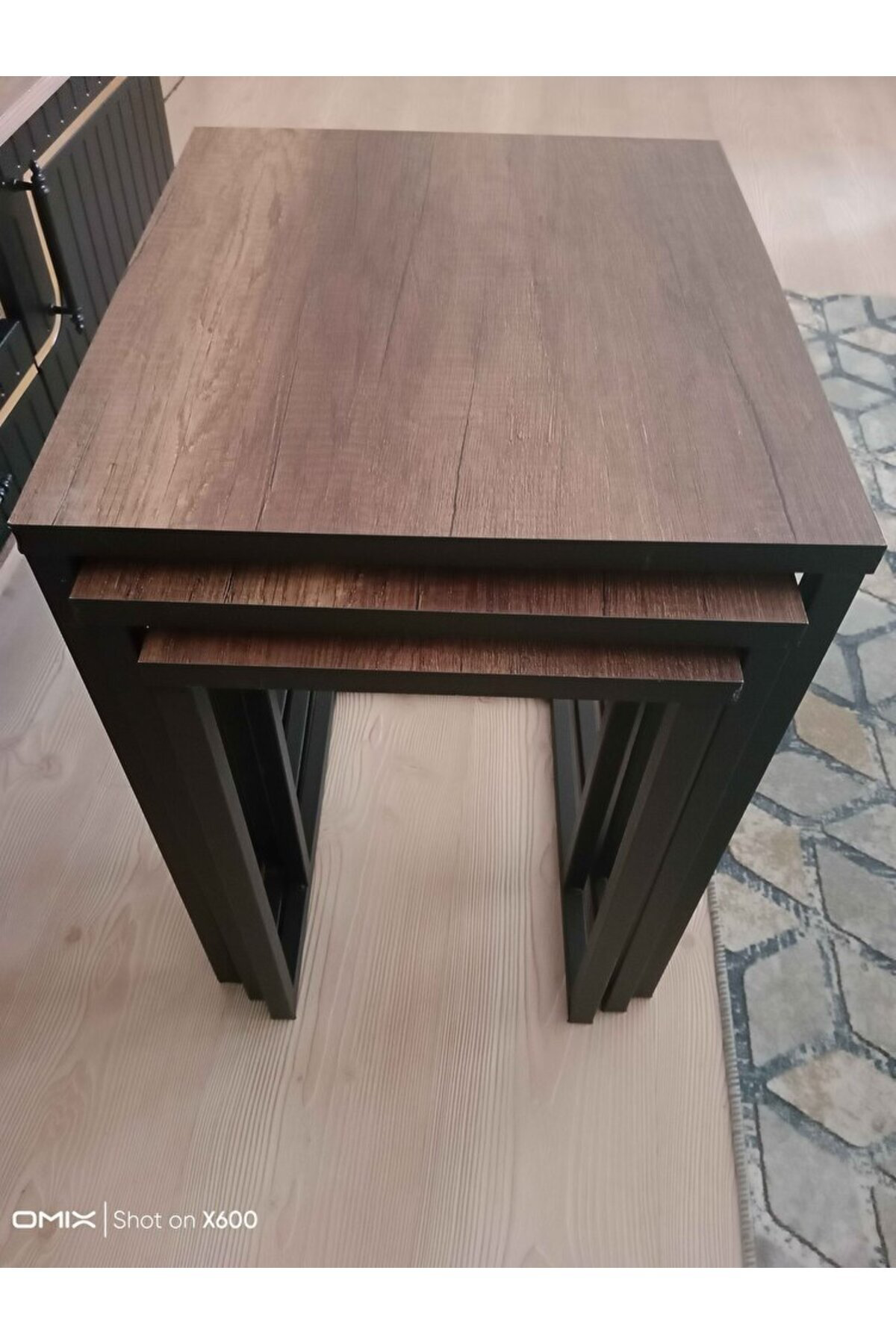 3lü Zigon Sehpa Ceviz Tabla Siyah Ayak Sehpa