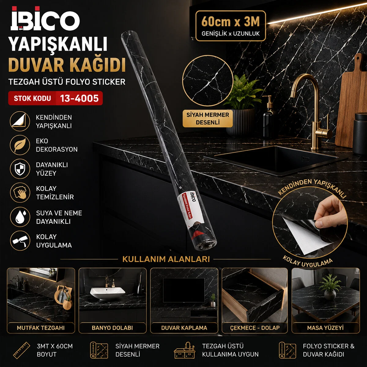 3MT X 60CM Siyah Mermer Desenli Tezgah Üstü Folyo Sticker - Duvar Kağıt Kendinden Yapışkanlı - Eko Dekorasyon - Dayanıklı 3MT X 60CM Siyah Mermer Desenli Tezgah Üstü Folyo Sticker - Duvar Kağıt Kendinden Yapışkanlı - Eko Dekorasyon - Dayanıklı