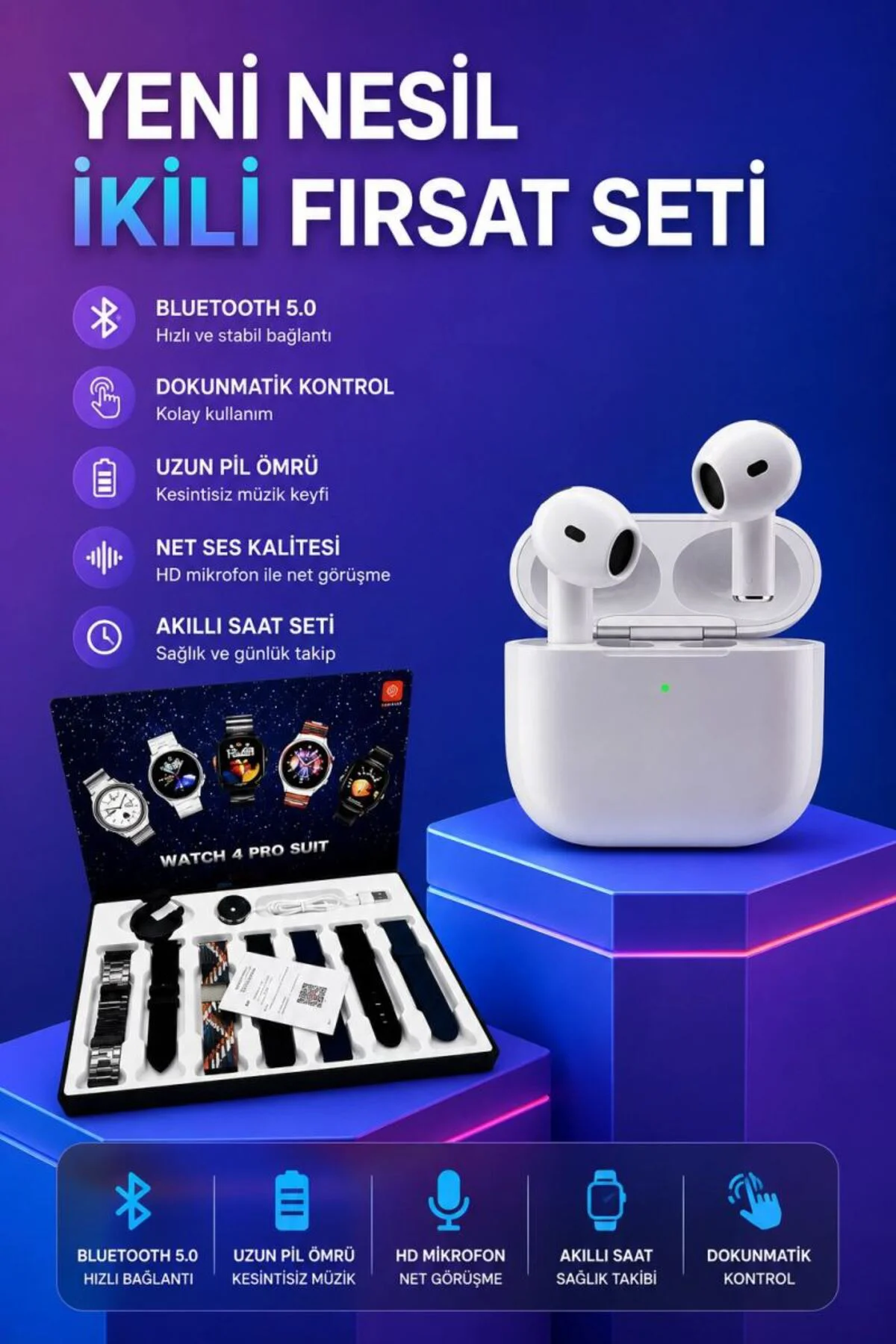 3.nesil Tws Bluetooth Kulaklık Bluetooth Bağlantılı Akıllı Saat A