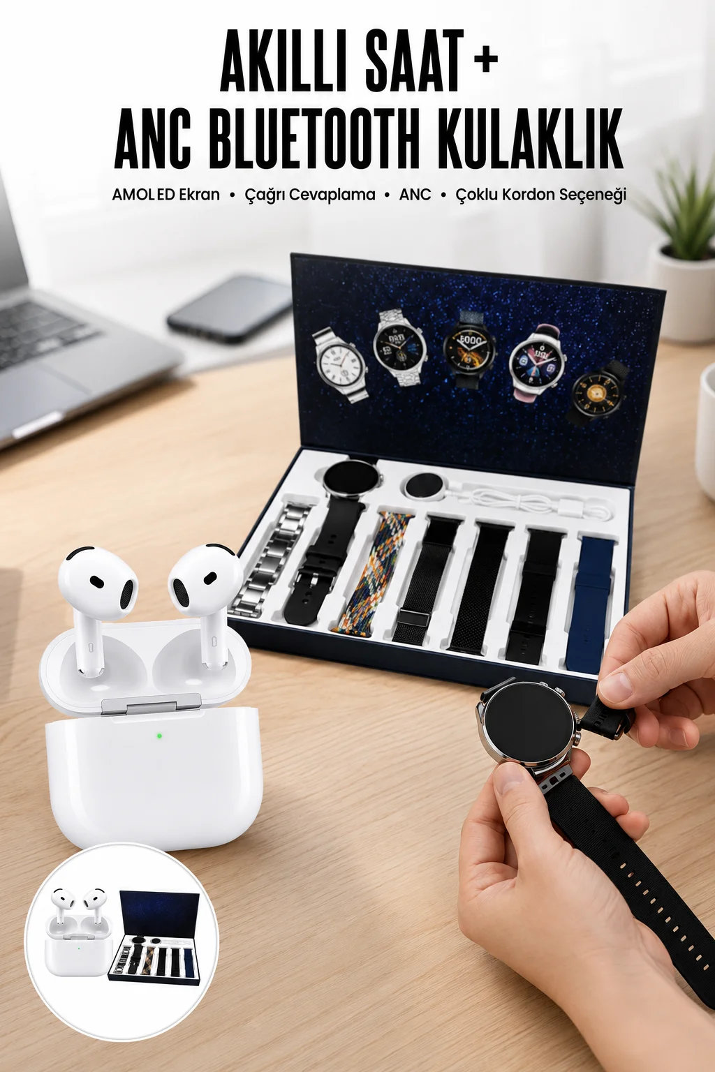 3.Nesil TWS Bluetooth Kulaklık Bluetooth Bağlantılı Akıllı Saat Amoled Ekran Plastik Hasır Kordon
