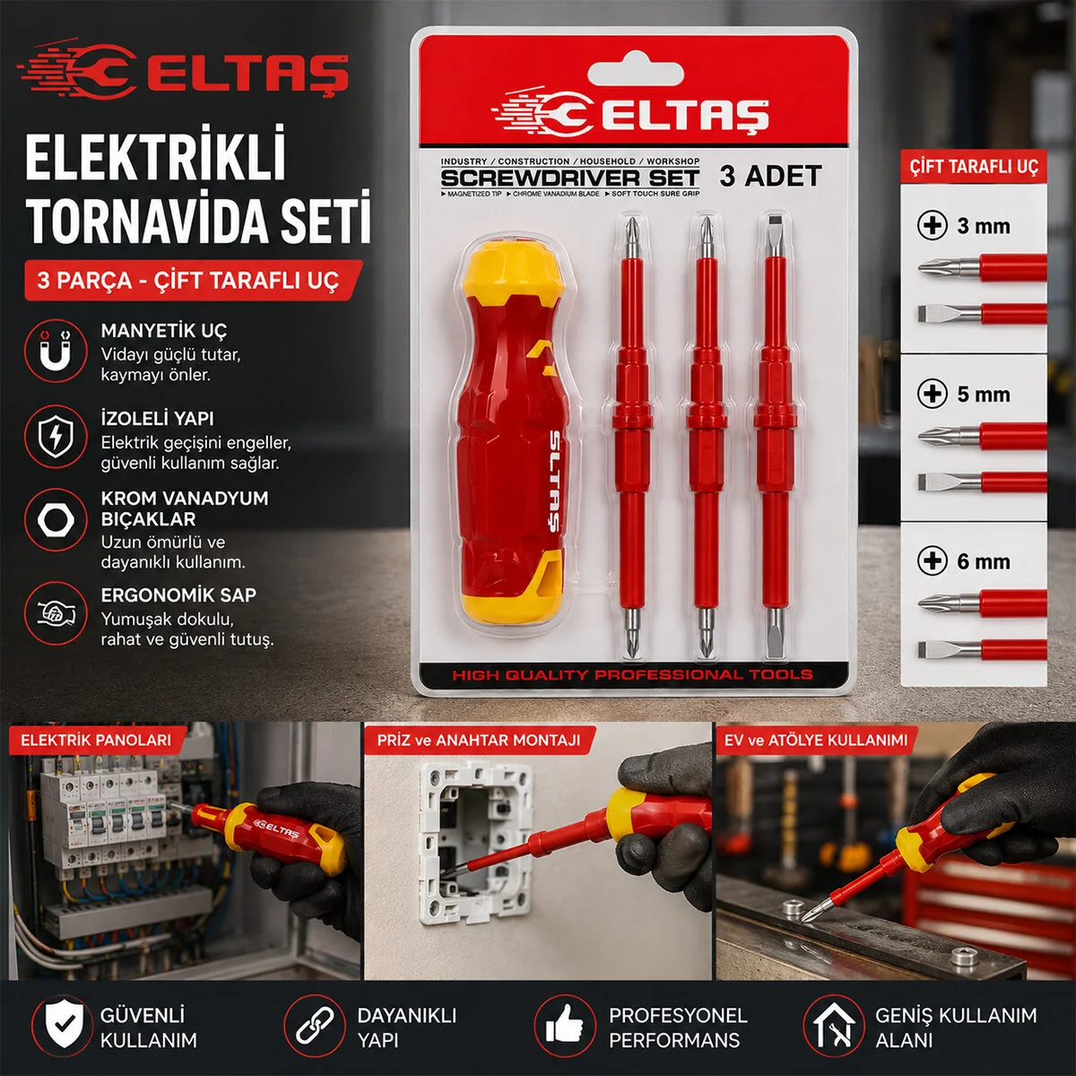 3PCS - Çift Taraflı Uç 3MM-5MM-6MM Ergonomik Sap Elektrikli Tornavida Seti LRD-144 Fiyatı, Yorumları ve Özellikleri
