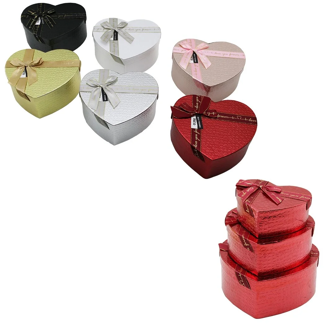 3pcs Kalp Parlak Mix Renkli - Kabartma Desen Karton Hediye Kutusu Kurdelalı 22x20-19x17-16x14cm Bx40 Fiyatı, Yorumları ve Özellikleri