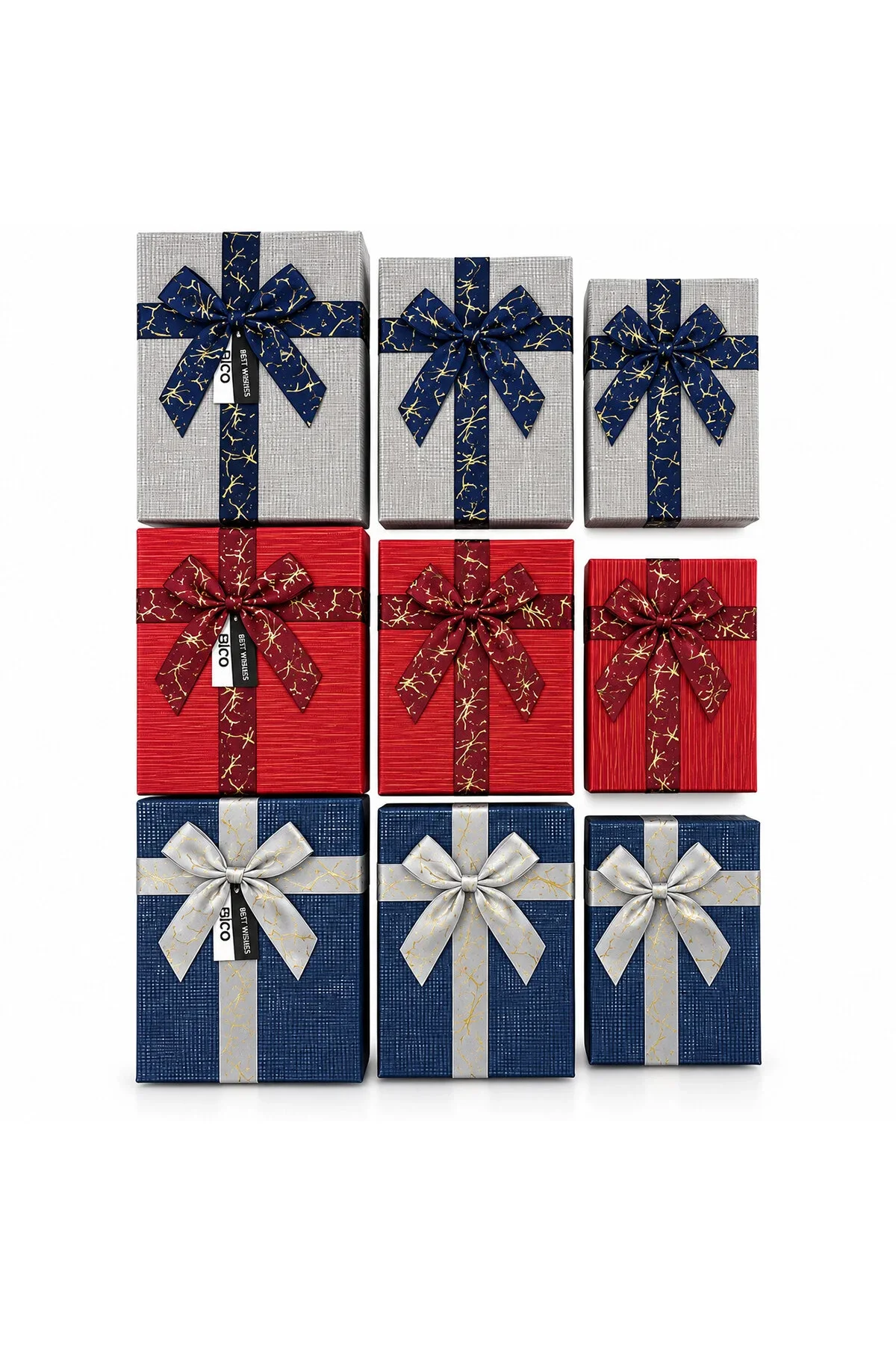 3PCS Kare Çizgili Mix Renkli Karton Hediye Kutusu Kurdelalı 19-17-15CM