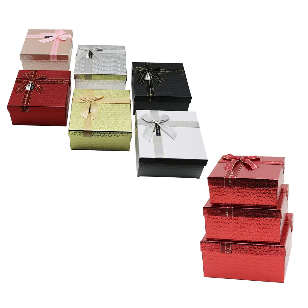 3PCS KARE PARLAK MİX RENKLİ - KABARTMA DESEN KARTON HEDİYE KUTUSU