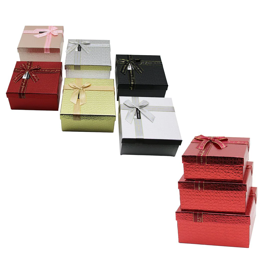 3PCS Kare Parlak Mix Renkli - Kabartma Desen Karton Hediye Kutusu Kurdelalı 19-17-15CM Fiyatı, Yorumları ve Özellikleri