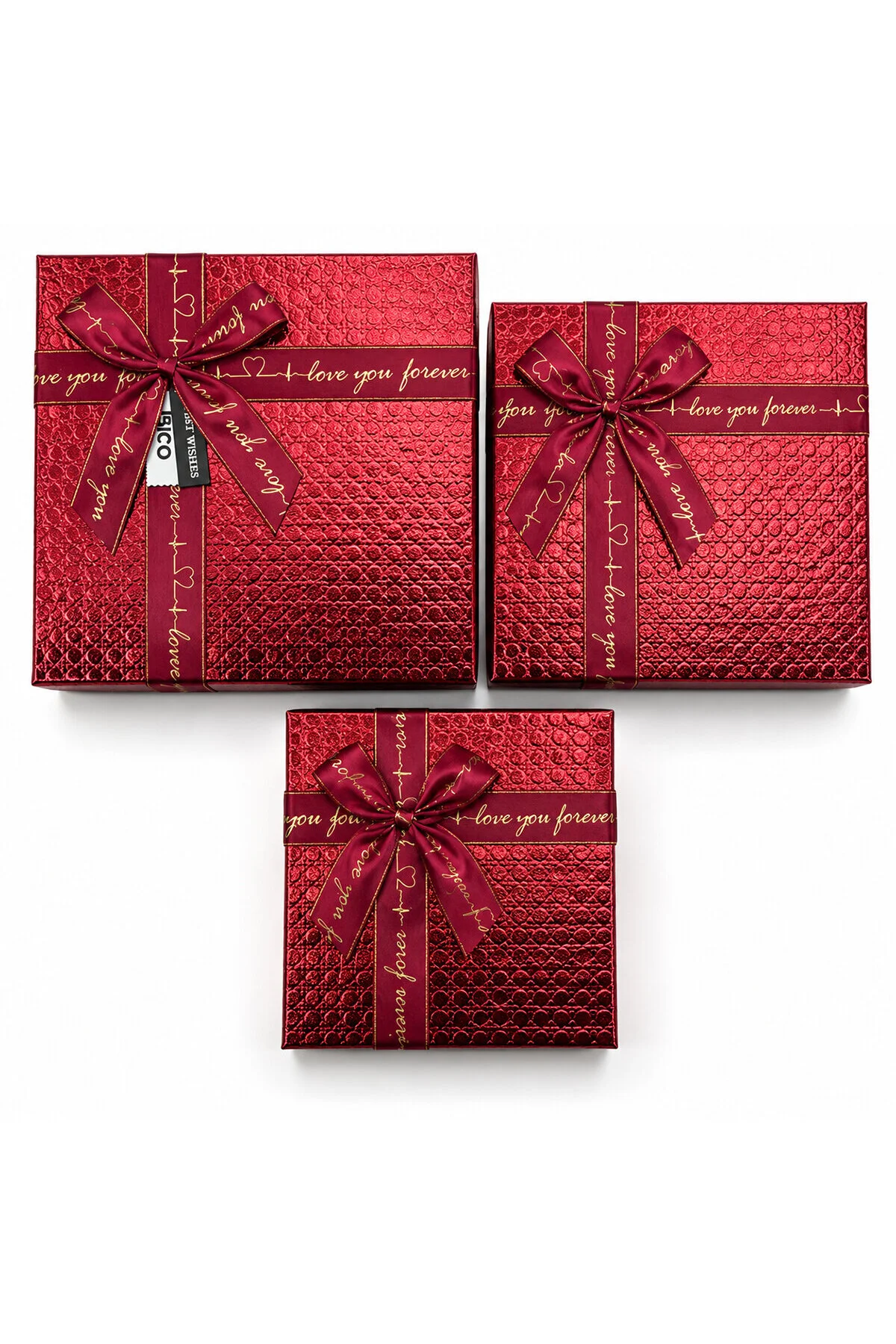 3PCS Kare Parlak Mix Renkli - Kabartma Desen Karton Hediye Kutusu Kurdelalı 19-17-15CM - Görsel 3