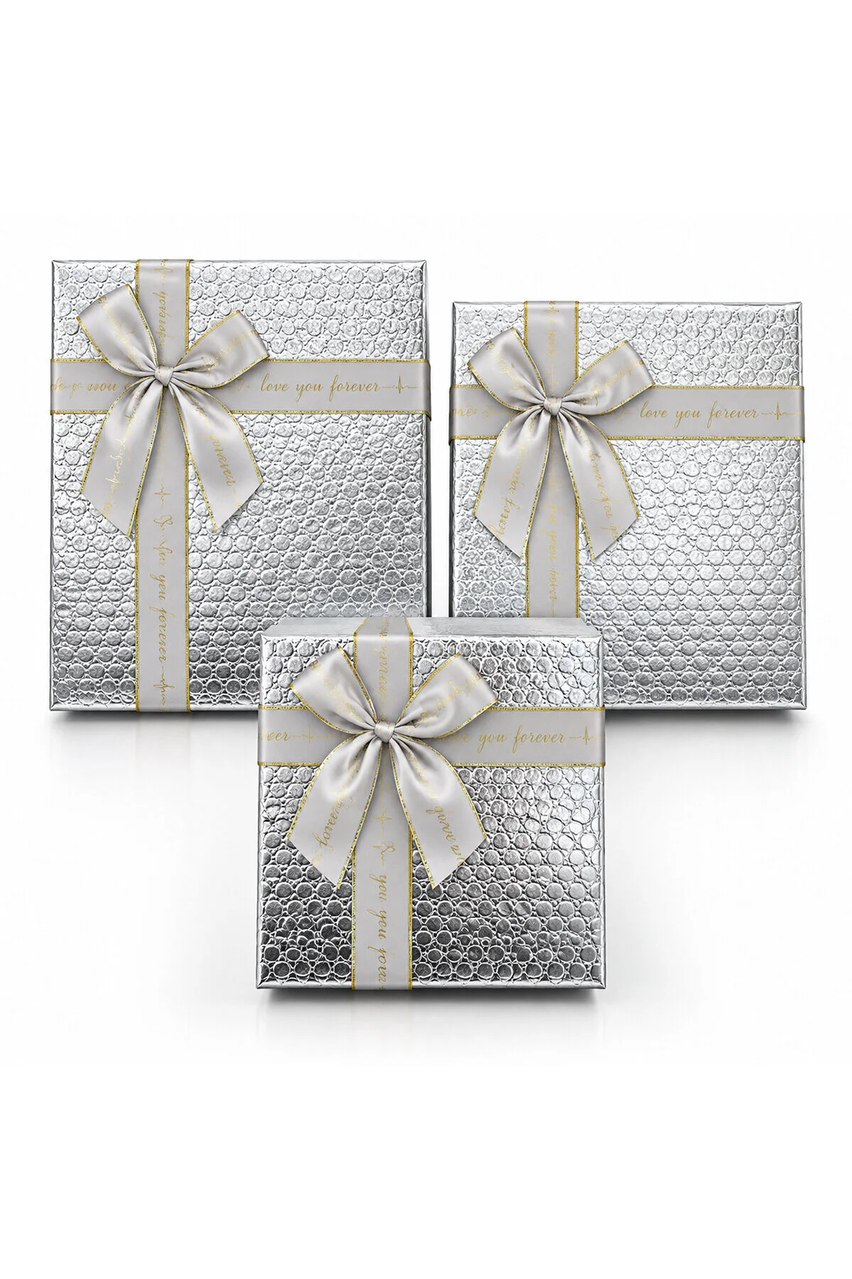 3PCS Kare Parlak Mix Renkli - Kabartma Desen Karton Hediye Kutusu Kurdelalı 19-17-15CM - Görsel 2