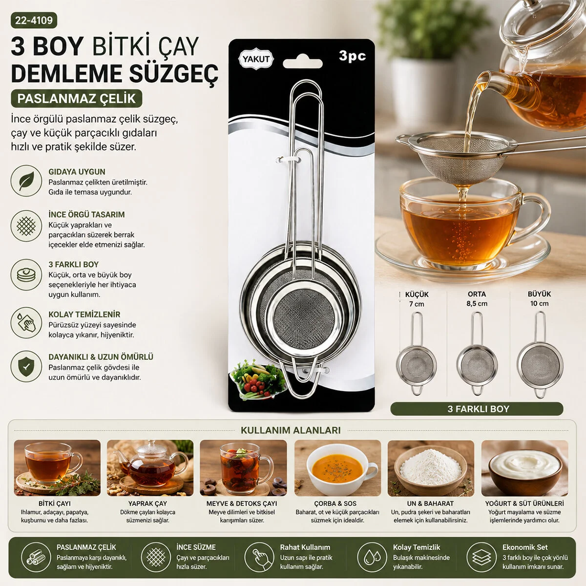 3PCS Set Mini= 5-7-8CM Tel Süzgeç Metal Çerçece Metal SAP=8.5-10.5-10.5CM Fiyatı, Yorumları ve Özellikleri