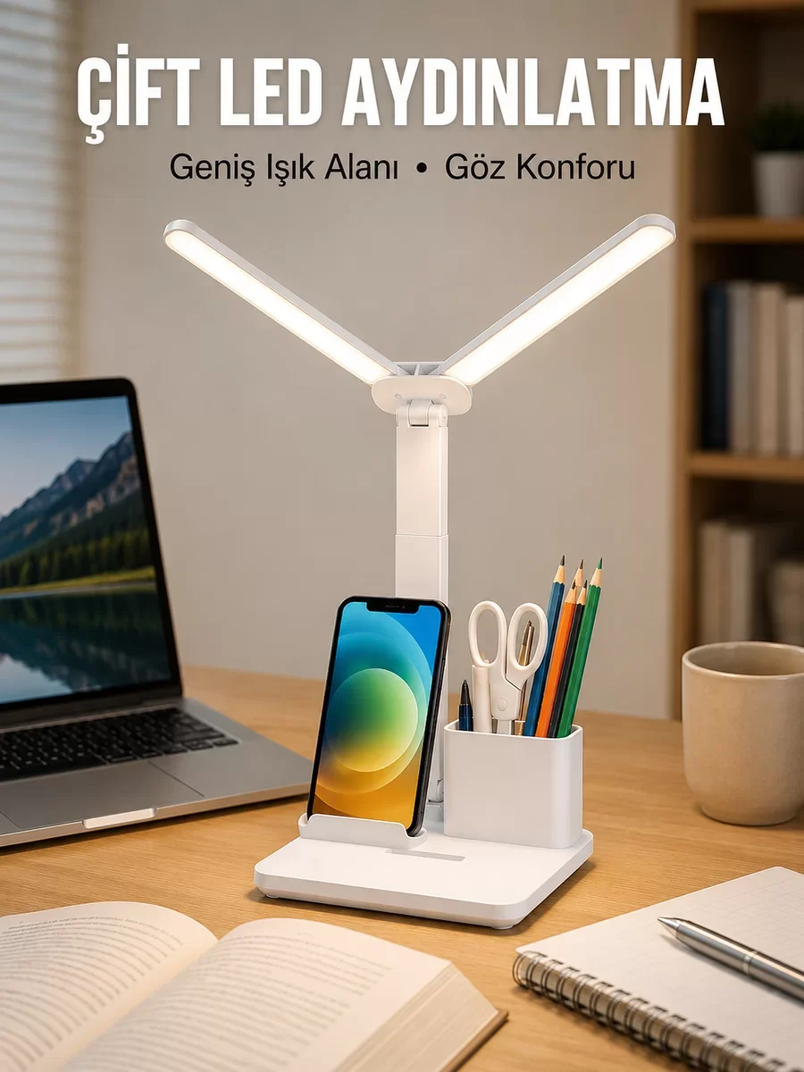 3’ü 1 Arada Çok Amaçlı Masa Lambası - Göz Yormayan LED Işık Organizer ve Telefon Standı