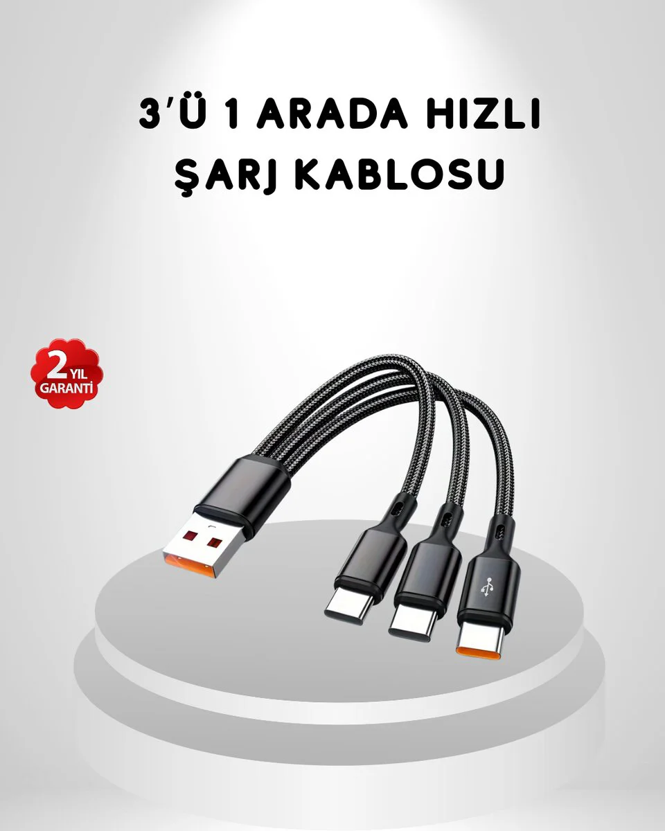 3’ü 1 Arada Hızlı Şarj Kablosu: iOS Android Type-C Uyumlu ve Dayanıklı