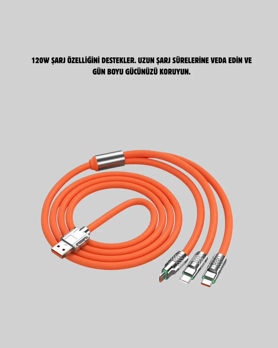 3'ü 1 Arada Kablo – 120W Hızlı Şarj ve Veri Aktarımı Özellikli