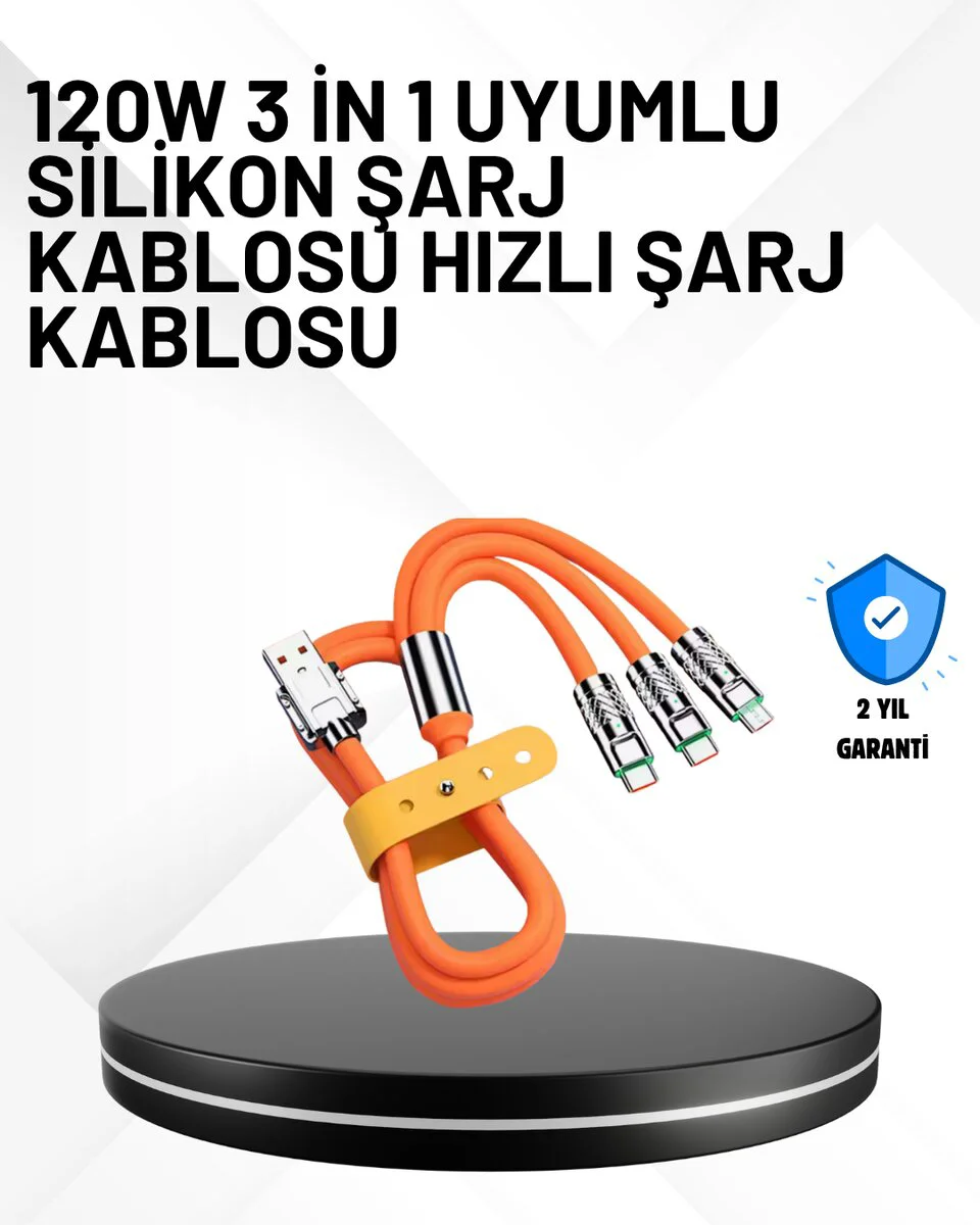 3'ü 1 Arada Kablo – 120W Hızlı Şarj ve Veri Aktarımı Özellikli