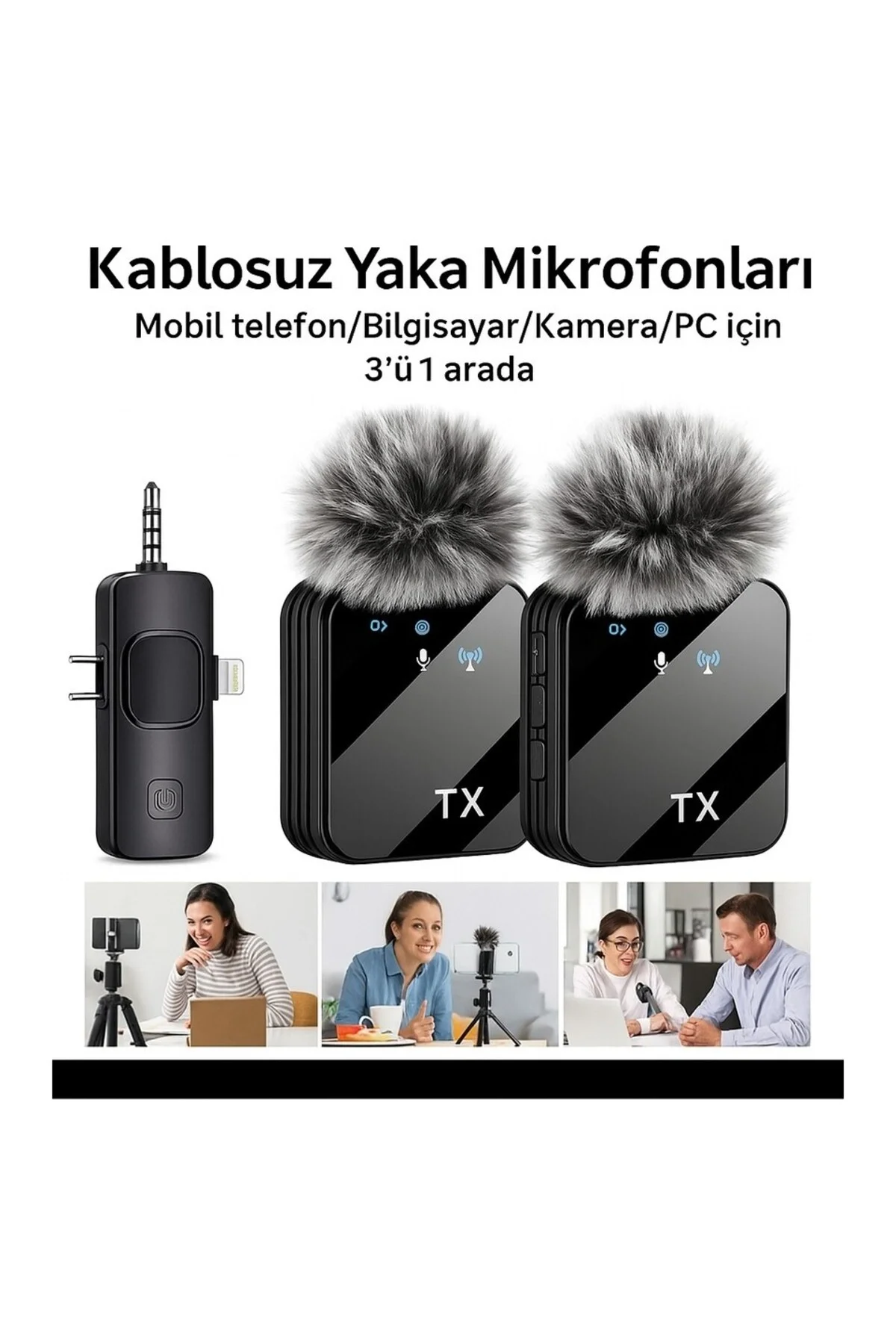 3'ü 1 Arada Kablosuz Yaka Mikrofonu Seti ile Type-C, Lightning ve Jack Girişli Cihazlarda Kayıt