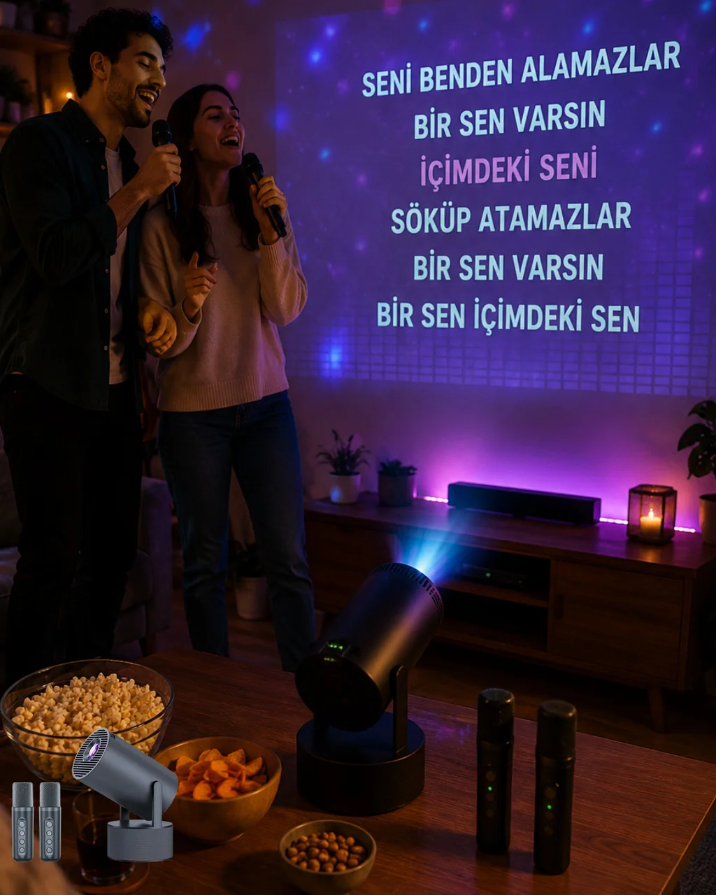 3ü 1 Arada Karaoke Ve Projeksiyon Sistemi Çift Mikrofon Destekli - Lisinya