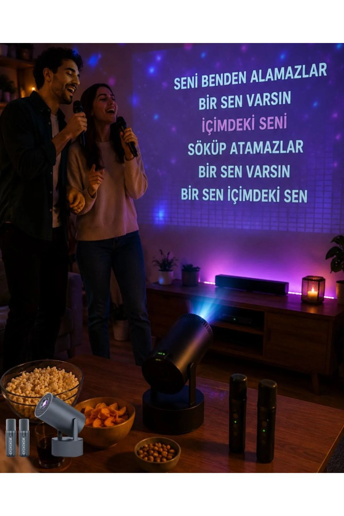 3ü 1 Arada Karaoke Ve Projeksiyon Sistemi Çift Mikrofon Destekli