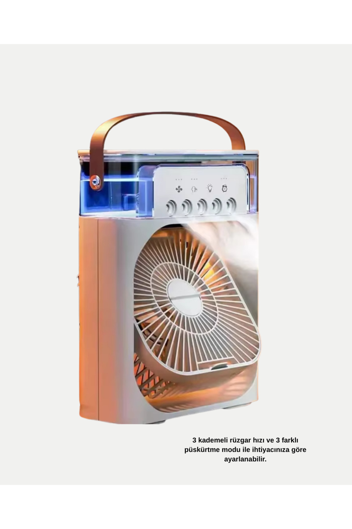 3’ü 1 Arada Mini Klima Fan USB Şarjlı, 7 Renk Gece Lambalı ve Nem