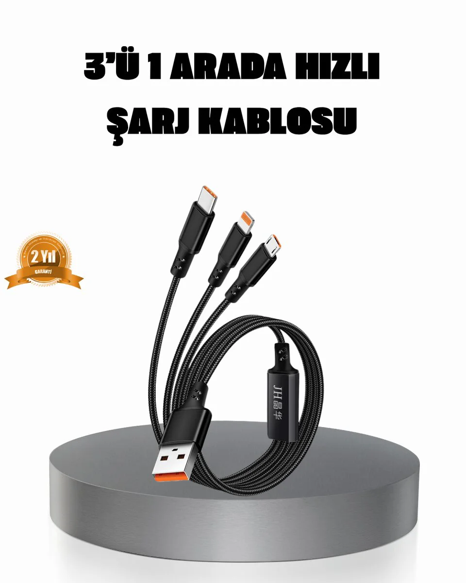 3’ü 1 Arada Şarj Kablosu - Hızlı ve Güvenli Tip-C Android iOS Uyumlu